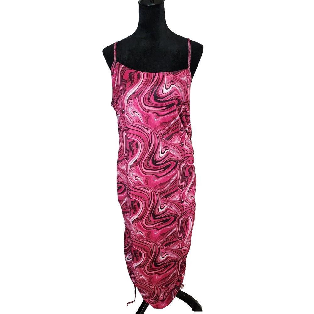 CITY CHIC Size 24 Raspberry Pink Whirlwind Swirl Print Mesh Ruched Midi Dress